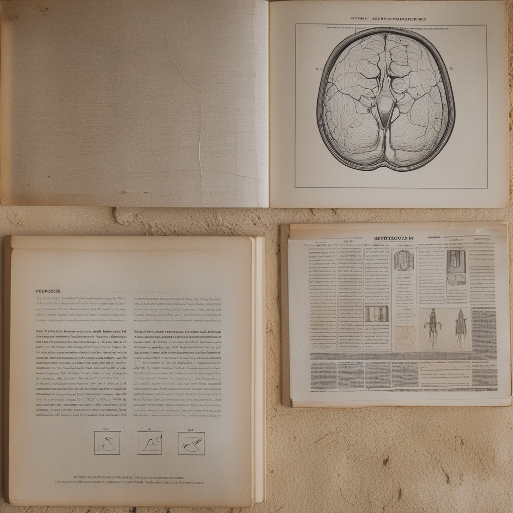 Otwarta naukowa książka z anatomicznymi schematami na kremowym papierze, ołówek i linijka obok, ciepłe boczne oświetlenie tworzące głębokie cienie na teksturze papieru